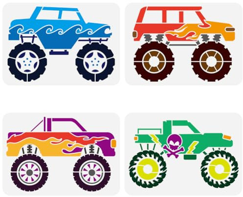 FINGERINSPIRE 4 Stück Monster Truck Schablone Zum Bemalen 21x29.7 cm Wiederverwendbar Angehobene Große Reifen Malschablone PET Große Rad Schablone Totenkopf Muster Schablone Fahrzeug Themen Vorlage