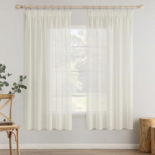 MIULEE Gardinen 2er Vorhang Leinenoptik Kräuselband 140x160cm Elfenbeinweiß | Leinenoptik Voile mit Kräuselband, lichtdurchlässig & blickdämpfend, einfach aufzuhängen für Wohn- und Schlafzimmer