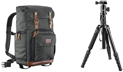 Mantona Fotorucksack Luis Grün + Retro DSLM Reisestativ, Kamerarucksack mit Echtleder-Applikationen, inkl. Regenschutzhülle, geeignet für 1x DSLR-Kamera, 3x Objektive und diverses Fotozubehör