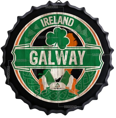 Galway, Ireland - Irish Flag - Irish Pub Bar Sign - 14'' Ireland City Decorations - Novelty Metal Bottle Cap Sign - Street Road Signs, Retro Man Cave Bar Wall Decor