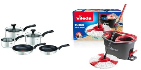 Tefal Comfort Max, Pan Set, 14cm Milkpan, 16cm and 18cm Saucepans with Lids & Vileda Turbo Microfibre Mop and Bucket Set, Spin Mop for Cleaning Floors