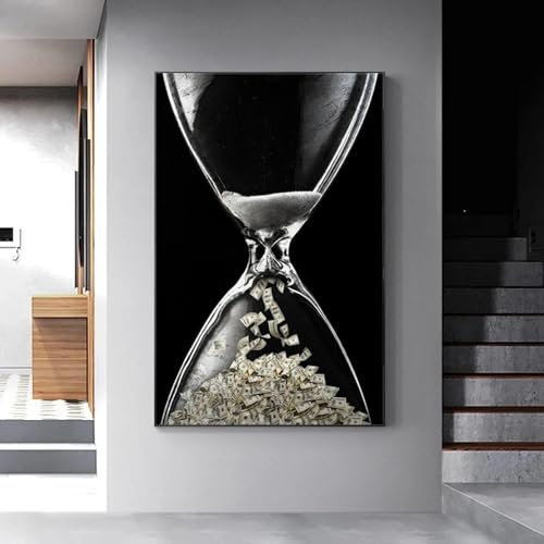 KEMEIQI Zeit ist Geld, motivierendes Wandposter und Druck, Leinwand, Wandkunst, Gemälde, Dollar in Sanduhr, Bild, Büro, Raumdekoration, 30 x 50 cm, rahmenlos