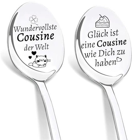 DIKARIYA Geschenk Cousine Weihnachten, 2er Kaffeelöffel mit Gravur, Wundervollste Cousine der Welt, Teelöffel Edelstahl Löffel mit Gravur Nikolaus Geschenke Geburtstag Geschenke Weihnachts für Cousine