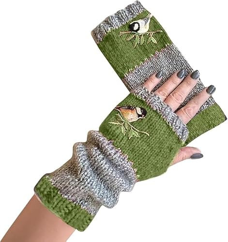 Armstulpen Damen Winter Handschuhe mit Vogelstickerei Fingerlos Strick Pulswärmer Damen Handstulpen Fäustlinge Strick Fingerlose Fäustlinge Stulpen Damen Hände Lange Handschuhe (Grün, EINGRÖSSE)