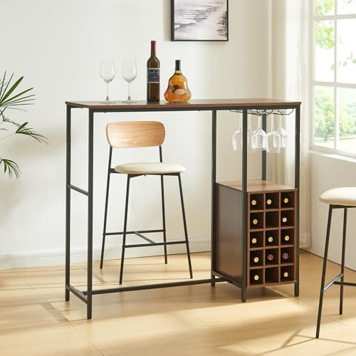 [en.casa] Bartisch Trøndelag 120x40x105 cm Küchenteke mit Weinregal für 15 Flaschen und Glashalter Küchentresen Bartheke Thekentisch Bistrotisch Metallgestell Schwarz/Walnuss