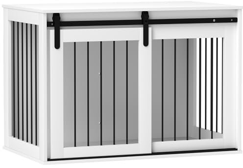 PawHut Hundekäfig 98 cm Hundebox für Zuhause mit Abschließbar Schiebetüren Moderne Metall Indoor Hundehütte für große Hunde Hundehaus 98 x 58 x 61 cm Weiß