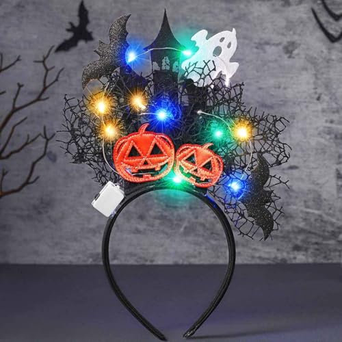 Reaky Bandeau lumineux d'Halloween avec éclairage LED en forme de citrouille, araignée noire, accessoire de cheveux pour femme