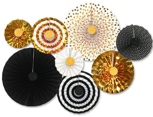 Losuya Black Gold New Year Paper Fans Hanging Decoration Set for New Year Birthday Wedding Bachelorette Photo Booth Backdrops Anniversary Party Supplies