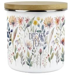 Purely Home Pastel Flowers Decaf Tea Storage Canister - Pretty Watercolour Floral Homewares Gifts - White Metal Enamel Medium Sized Kitchen Food/Drinks Storage Container