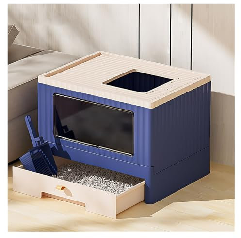 jingzhe-1125 Cat Litter Tray Foldable Cat Litter Box with Lid, Top Entry Anti-Splashing Cat Toilet, Enclosed Cat Potty with Cat Litter Scoop, Non-Sticky, Easy Clean Pet Toilet(Blue)