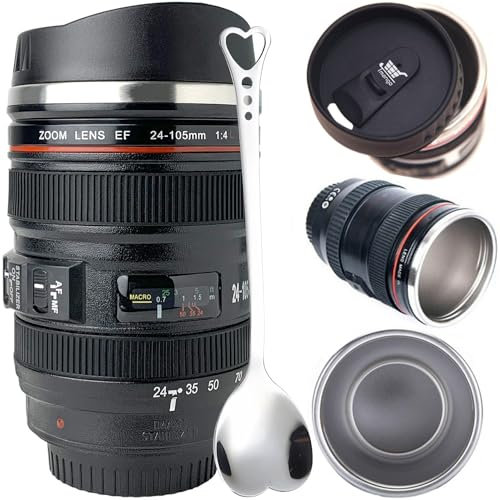 Tmango Camera Lens Coffee Mug with Slider Lid - Unique Photographer Gifts for Men & Women, Camera Mug Fun Shutterbug Gift Idea