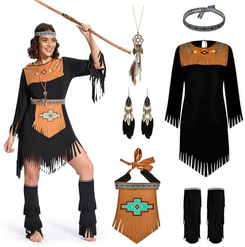Joellfuner Indianer Kostüm Damen, Indianer Kleid Damen, Indianer Costume Damen Retro Ohrringe Haarband mit Stiefelüberzüge, Gürtel, Kopfbedeckung, Halskette, Ohrringe für Karneval Mottoparty