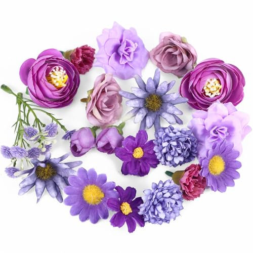 24 Stück Kunstblumen Wie Echt Köpfe Künstliche Blumen Klein Blumen Künstlich Blütenköpfe Seidenblumen Köpfe für Party Home Handwerk Deko Diy Basteln Scrapbooking Hochzeit Kunstblumen (Lila)