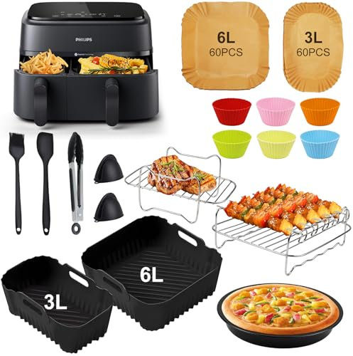 Airfryer Zubehör für Philips, Heißluftfritteuse Zubehör für Philips Dual Basket 3000-5000 Serie NA350/NA550/NA555 6L/3L Silikonformen,Backpapier, Grillrost, Pizzaform,Küchenzange,usw