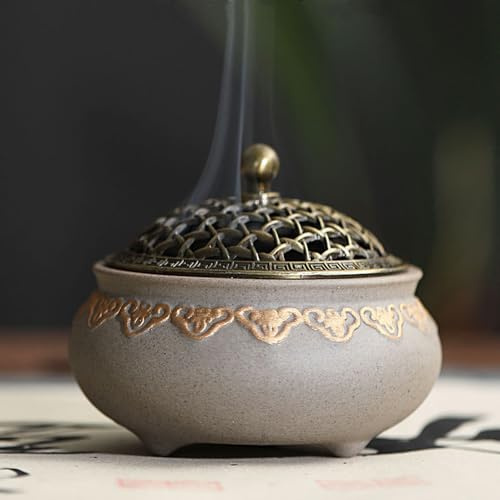 Keramik Weihrauchbrenner, Vintage Räuchergefäß Räucherstäbchenhalter Halter, Rund Chinesisch Porzellan Räucherschale mit Feuerfeste Matte und Metall Deckel für Home Deko Geschenk