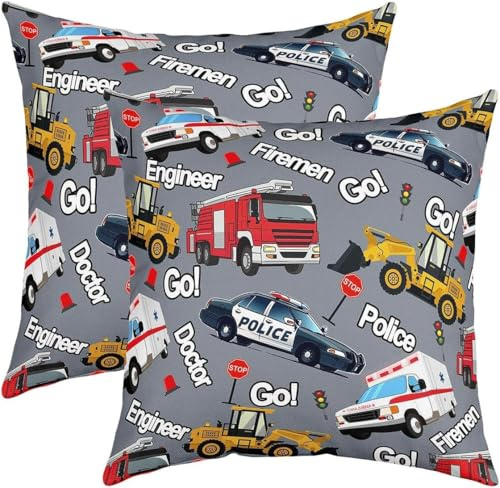 Manfei Cartoon Auto Kinder werfen Kissenbezüge Pack von 2,Feuerwehrauto Polizei Auto Kissenbezug für Teens Jungen Bett Sofa Dekor, Feuerwehr Polizei Thema Kissenbezüge, 40x40 cm
