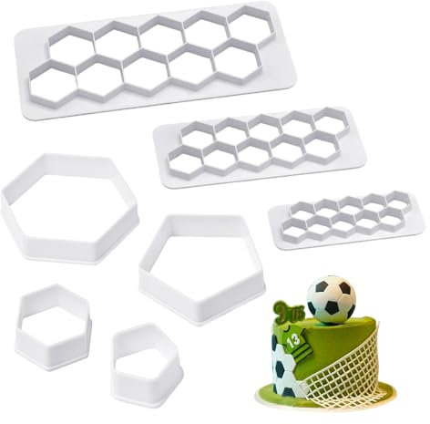 GIDWRIY 7 Stück Fondant Fussball Ausstecher,Tortendeko Ausstecher Backform,FußBall Keksausstecher,Fussball Schablone KuchenPlastik Ausstechformen Sechseck,Tortendeko Ausstechformen Geometrische Formen