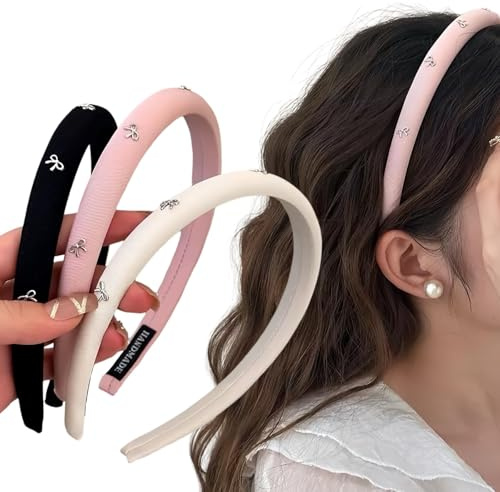 Uoocg 3 Stück Satin-Stirnbänder Haarreifen Damen Schwamm Schleife Einfarbig Dünne Haarbänder für Frauen Mädchen