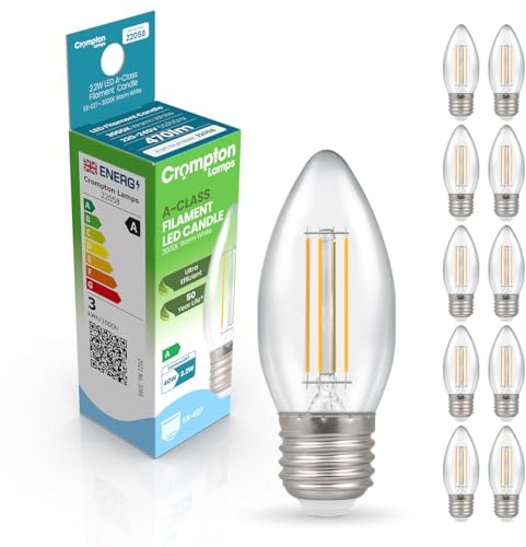 Crompton Lamps LED Ultra-Efficient Candle 2.2W ES-E27 A-Class (10 Pack) (40W Equivalent) 3000K Warm White Clear 470lm ES Screw E27 A-Rated Multipack Light Bulbs