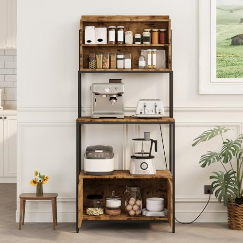 CuisinSmart 172 cm Bäckerregal mit Steckdose, 5-stöckiges Bauernhaus-Mikrowellenständer mit Regalen und Schrank, stehendes Küchenregal, einfache Montage, rustikales Braun