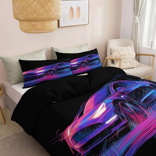Cartoon Highspeed Auto Extreme Kinder Bettwäsche 155x220 cm, Mikrofaser Bettwäsche-Set für Jungen Mädchen, Atmungsaktiv Luxuriöser Weicher Schwarz Bettbezug mit Reißverschluss und Kissenbezug