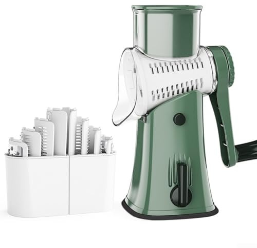 Coupe-légumes rotatif manuel avec lames interchangeables en acier inoxydable et base d'aspiration pour un fonctionnement sûr et une transformation efficace des aliments (vert)