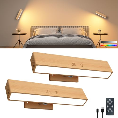 DetarZinLED Lamparas Pared sin Cable Recargable Madera de Nogal 2 Pack