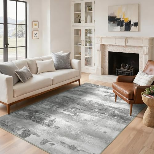 BEIMO Moderner Waschbarer Teppich Wohnzimmer, Grau, 120x170 cm | Abstrakt Design, Großer Weicher Kurzflor Carpet, Rutschfest, Für Küche und Bettvorleger Schlafzimmer, Pflegeleicht