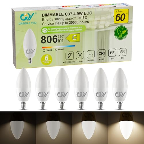 GY E14 LED Dimmbar 4.9W (ersetzt 60W), 807 Lumen Hochhelligkeit, 4000K Neutralweiß, C37 Kerzenlampe, Energieklasse C, Flimmerfrei Regulierbar, CE-Zertifizierung, 6er Pack