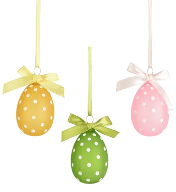 Ostereier zum Aufhängen 4x6cm Glas 3er Set - mit weißen Punkten und Aufhänger - Deko Eier für Ostern Frühling - Glaseier Osterdeko Hängedeko Frühlingsdeko - Gelb Grün Rosa