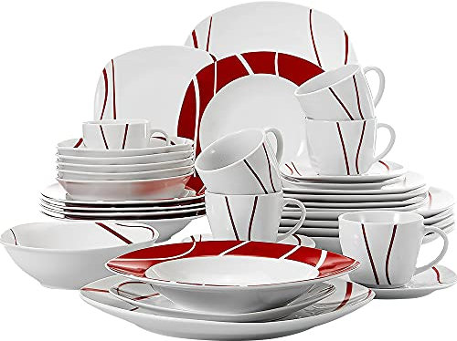 MALACASA Série Felisa 36pcs Service de Table Complet Carrée en Porcelaine pour 6 Personnes avce Assiettes Plates, Assiettes Creuses, Assiettes à Dessert, Bols à Céréales, Tasses à Café et Soucoupes