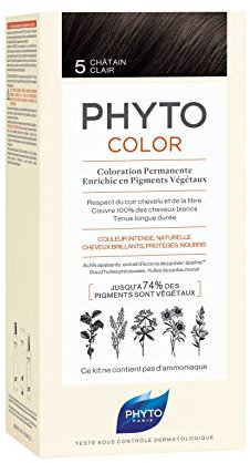 Phyto Phytocolor 5 castaño claro coloración permanente sin amoniaco, 100% cobertura de cabello blanco