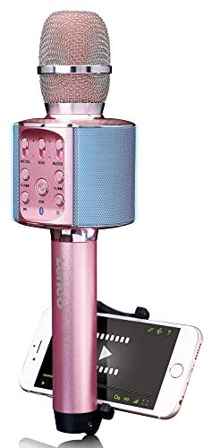 Lenco BMC-090 - Karaoke Mikrofon - Bluetooth V4.2 - Mit Smartphone-Halterung - 5 Watt RMS - LED Lichteffekte - integrierter Akku mit 1200mAh – Android und iOS - Rosa