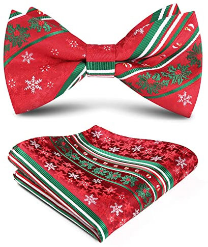 HISDERN Fliege Herren Weihnachten Vorgebunden Fliege Rot mit Einstecktuch Set Xmas Rot&Grün Schleife und Taschentuch für Weihnachten Zubehor