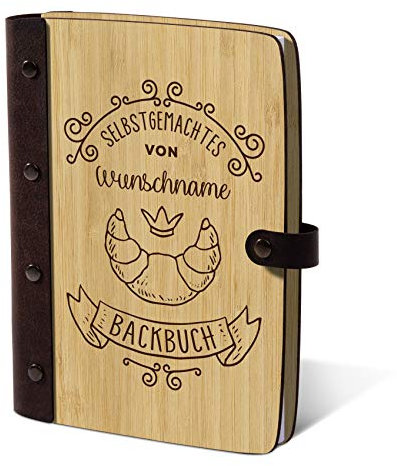 Notizbuch, Rezeptbuch, Rezeptordner Holzcover mit Echtleder Rücken 72 Blatt | 144 Seiten A5 hoch 158x222mm Bambus - Backbuch