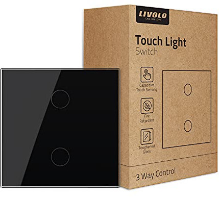 LIVOLO Wand-Zwischenschalter, Touch-Lichtschalter (kein Neutral), einpoliger Wandschalter mit LED-Anzeige, kratzfestes gehärtetes Glas-Panel, 2-Gang, 2-Wege, schwarz, VL-B602S-3BG