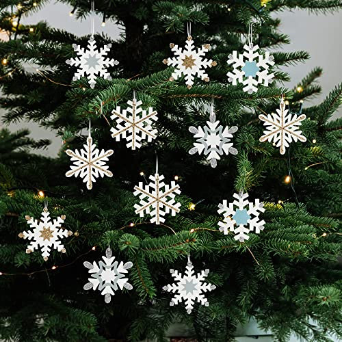 COM-FOUR® 12x Decorazioni per l'albero di Natale ciondolo in legno - Decorazioni per l'albero di Natale per la decorazione - Decorazioni per l'albero di Natale con design a fiocco di neve