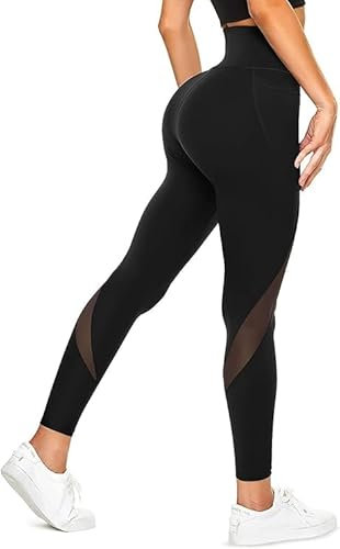 KUMAYES Damen Sports Leggings Hohe Taille Lange Sporthose Sportleggings mit Bauchkontrolle Yogahose Fitnesshose mit Taschen (M, Schwarz)