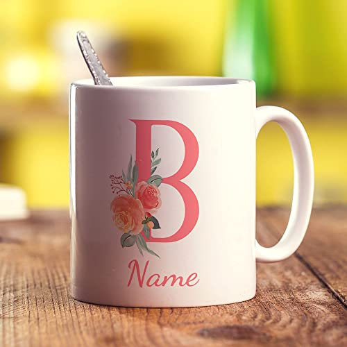 Printster Personalised Pink Floral Initial Mug - Add Any Name - Gift for Birthday-B - 11oz Ceramic Cup