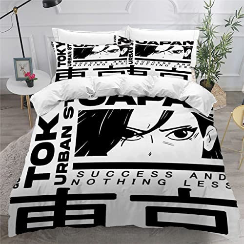 ZLKEJI Bettwäsche 135x200cm Kinder Jungen Mädchen Schwarz-Weiß-Japanisch japanische Manga Bettbezug Set mit 2 Kissenbezüge 80x80cm Kinder Teens 3 Stück Hypoallergen Flauschig Bettwäsche Sommer