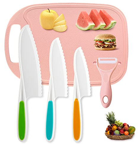 Kids Safe Knifes,Children's Knife Nylon Knives Set Firm Real Fit Beginners Friendly Reusable Peeler Fruit Board Sturdy Childrens Cooking Suitable Cutting Salad Sandwich PotatoOnion Cakes 5Pack pink