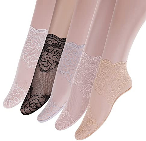 Yolev 5 Pares Calcetines Medias Cortas Mujer Tobilleros Cortos de Encaje Medias Fantasia Calcetines de Rejilla Calcetines de Encaje de Malla con Volantes Finos de Verano para Mujeres y Niñas