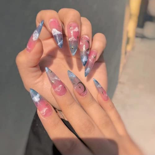 JUSTOTRY 24 Pièces Moon Stiletto Faux Ongles Long avec Butterfly,Navy French Press on Nails,Cloud Amande Faux Ongle avec Colle Pour Femme et Fille,Pointu Faux Ongles à Coller avec Nail Art