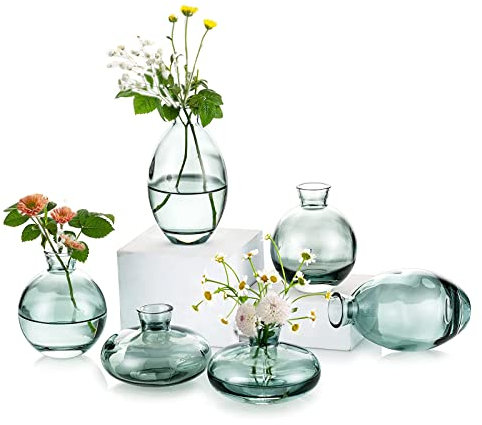 EylKoi Kleine Vasen füR Tischdeko Glas 2 Sätze(6 Stück) Grün Mini Vase Vintage Handmade Hydroponic Glasvase Blumenvase Modern Set Fuer Hochzeit Tischdeko, Zuhause Wohnzimmer Blumen Rose