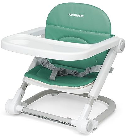 Foppapedretti Seggiolino Alzabimbo Lift, bambini da 6 mesi a 3 anni (fino a 15 Kg), Vassoio Amovibile, Chiudibile e Trasportabile, Borsa Inclusa, Imbottitura Removibile e Lavabile, 3 Altezze, Verde