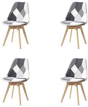 HJhomeheart Set aus 4 Esszimmerstühlen aus Patchwork-Stoff mit abnehmbarem Sitzkissen und Massivholzbeinen für Esszimmer, Wohnzimmer, Küche usw. (Patchwork Grau)