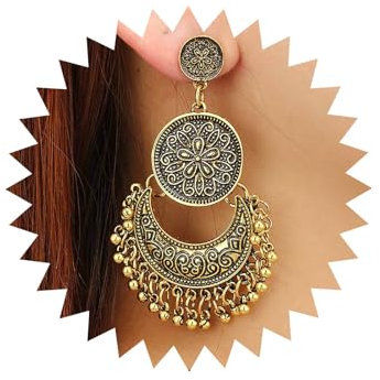 TseenYi Boho Zigeuner Ethnischen Ohrringe Vintage Halbmond Ball Quaste Ohrringe Gold Disc Kronleuchter Quaste Reifen Ohrringe Retro Zigeuner Baumelnden Ohrringe Für Frauen Und Mädchen Geschenke