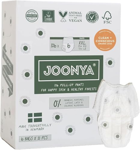 Joonya Höschenwindeln, Größe 6 XXL (ab 15 kg) - 6 Beutel mit 21 Stück (126) - Schadstofffrei, Umweltfreundlich, Ultraflach, Für die Nacht - Hergestellt in Dänemark