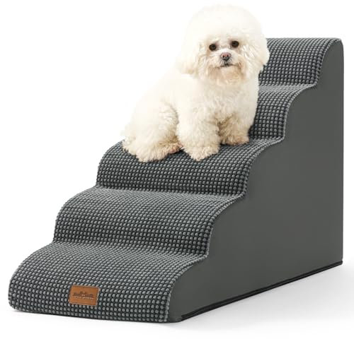 COZY KISS Hundetreppe für Kleine Hunde 57cm, Haustiertreppe für Hochbett aus Hochdichtem Schwamm, Hunde Treppe Hunderampe mit Waschbarem Bezug und Rutschfestem Boden, 40x84x57cm, 5 Stufen, Dunkelgrau
