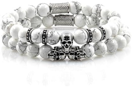 Howlith Armband Bracelet Perlenarmband Perlen Weiß 8mm Memento Mori Edition Silver Skull Stack Damen Herren Doppelarmband Edelstahl